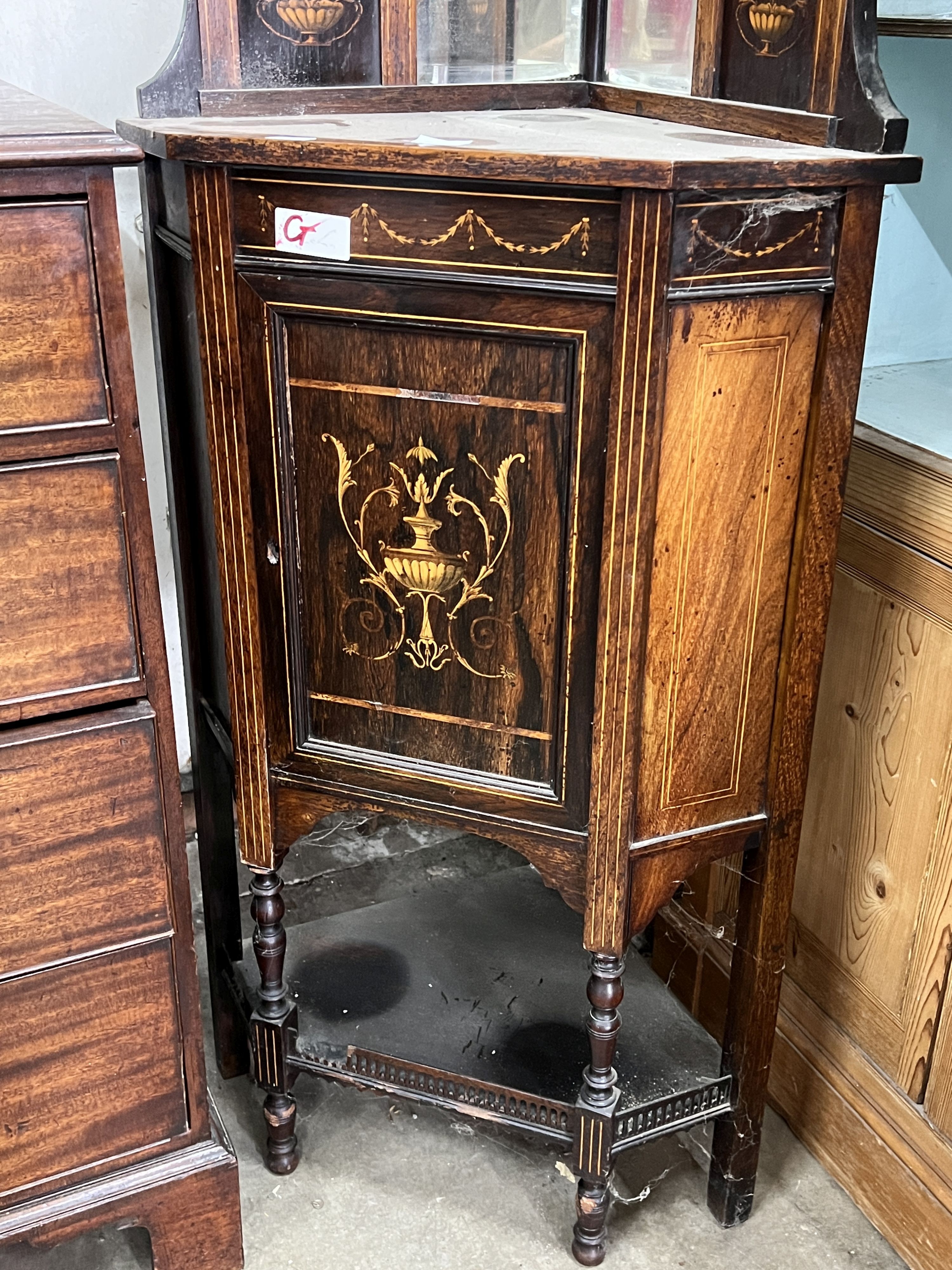 An Edwardian marquetry inlaid rosewood standing corner cabinet, width 65cm, depth 42cm, height 220cm